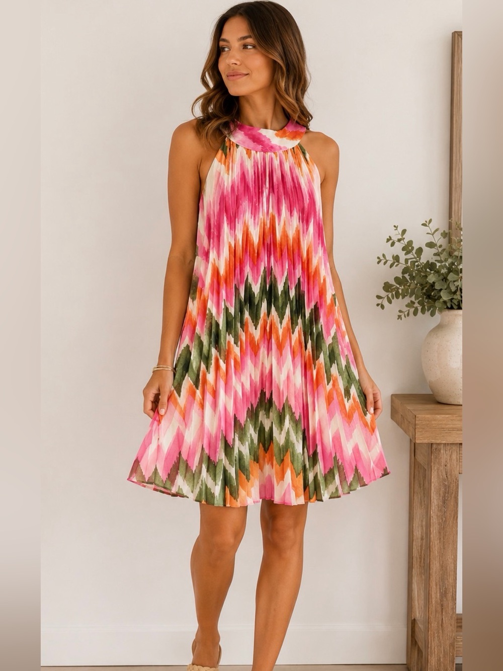 Anthropologie Dress Forum Pleated Chevron-Print halter dress size med
